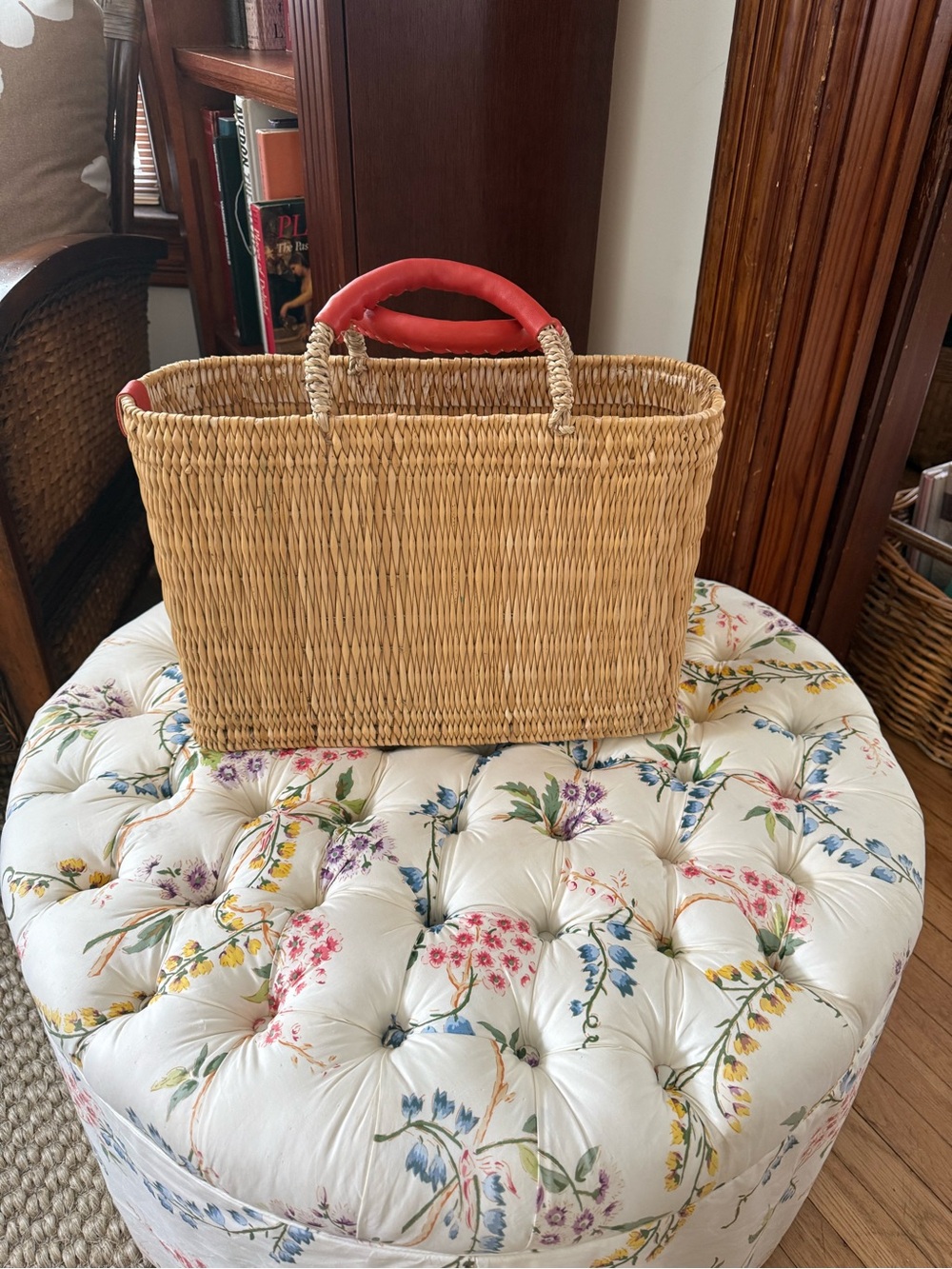 Mersea Woven Straw basket bag with Leather Wrapped Handles